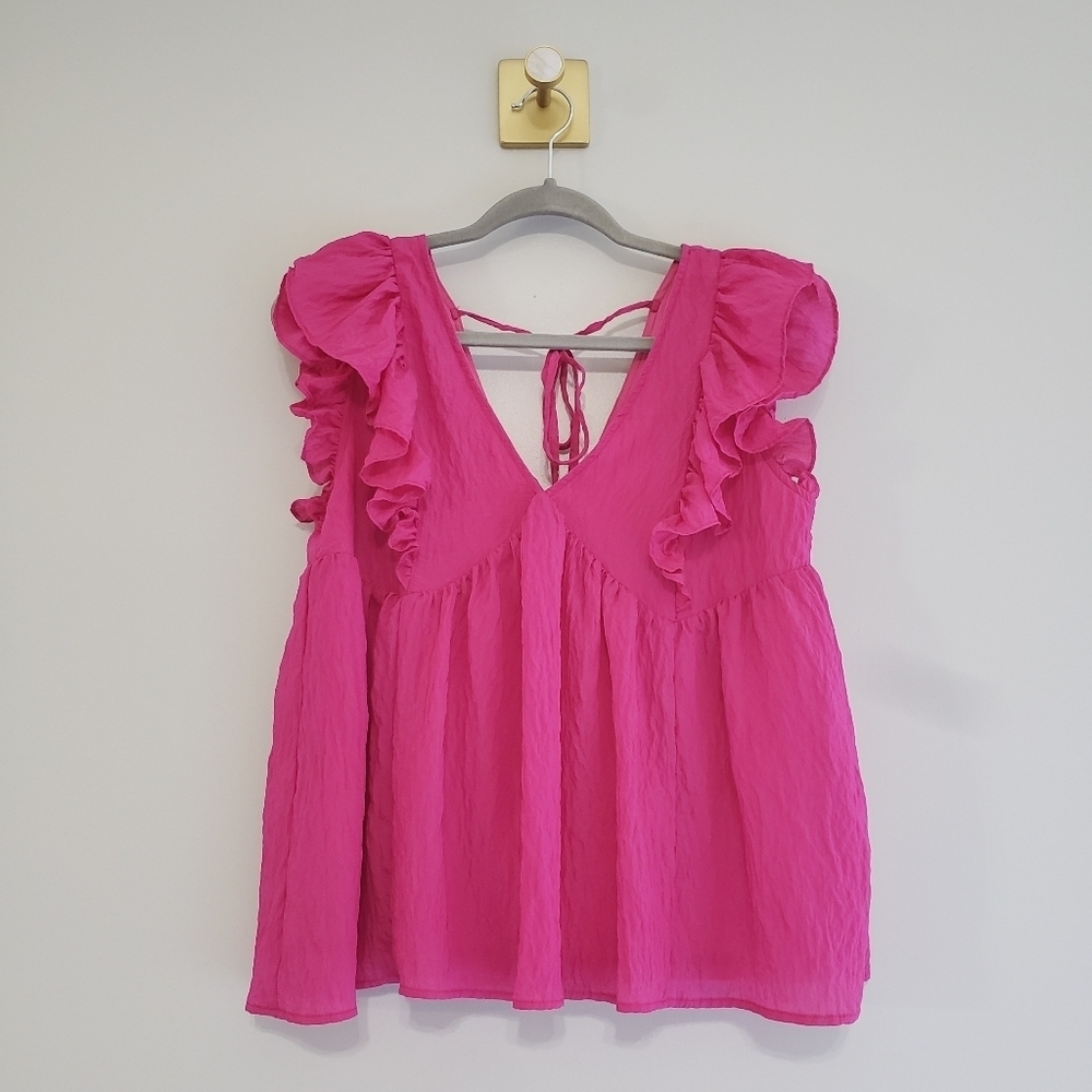 Entro Ruffle Sleeve Babydoll Blouse Top Women Small Fuchsia Pink Vibrant Boho